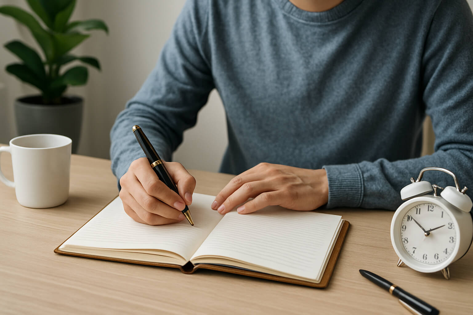 Pessoa jovem começando o dia com hábitos positivos, como escrever em um diário em um ambiente calmo e iluminado.